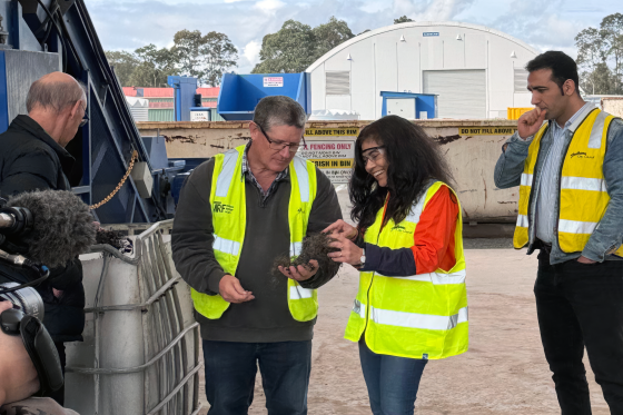 Inspecting crumb rubber produced at Shoalhaven Recycling Centre