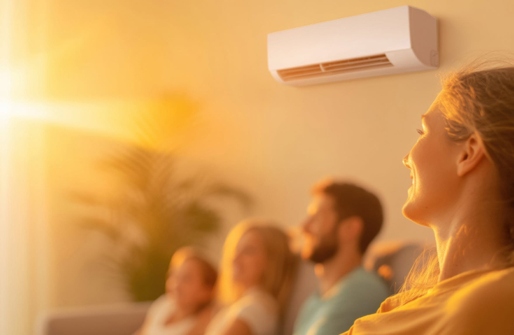 Family in their home enjoy heating via an electric aircon unit